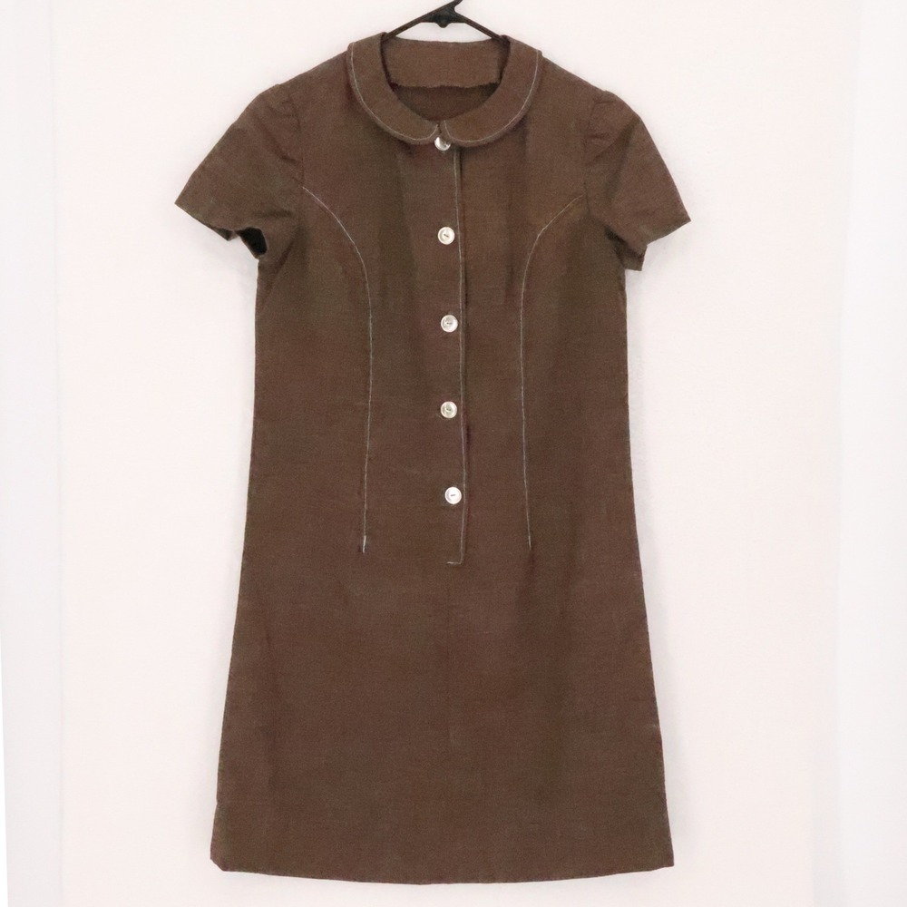 Vintage 60s Handmade Button Dress Womens Size S Brown Peter Pan Collar Housewife